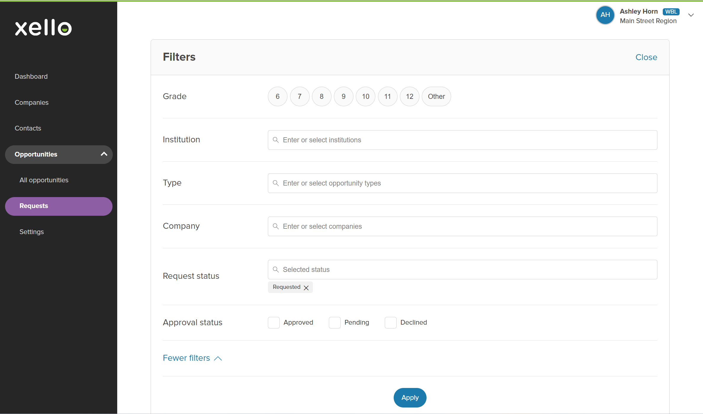 Filters modal. Filter options include grade, institution, type, company, request status, and approval status